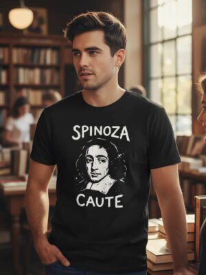 Homem vestindo a camiseta preta Baruch Spinoza Caute da Silk & Luck em uma biblioteca.