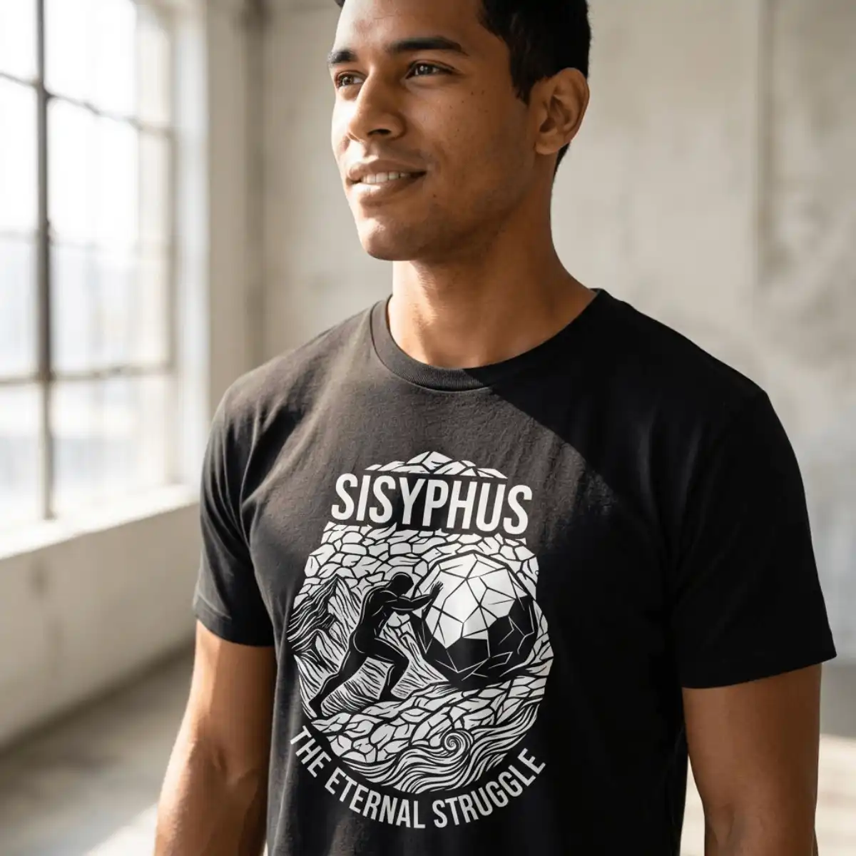 Camiseta Sísifo – Filosofia | Silk & Luck 2 Modelo a vestir camiseta de modelagem unissex com estampa do Mito de Sísifo a empurrar a pedra. Excelentes opções de roupas para amantes de ciência, arte e filosofia, ou presentes criativos para acadêmicos.