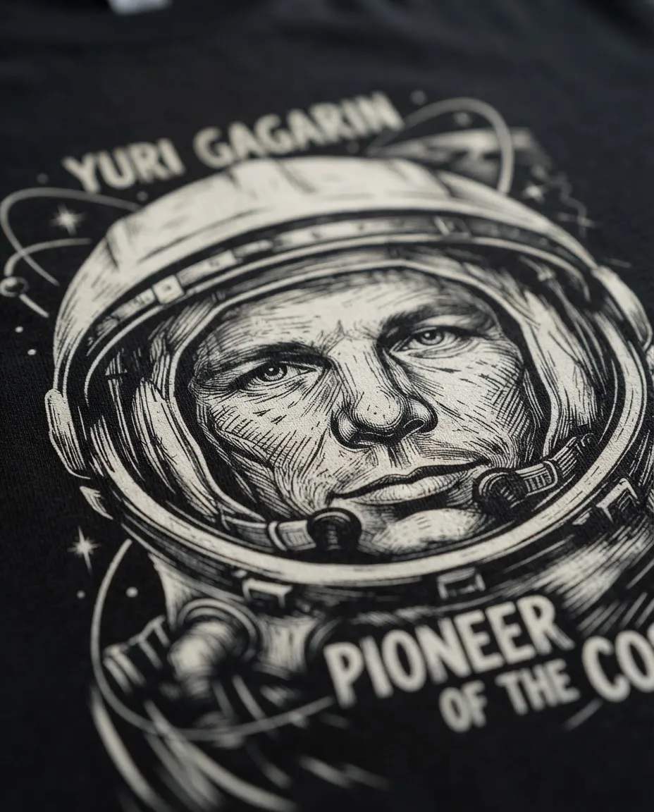 Camiseta Yuri Gagarin Cosmos Espaço Algodão Premium Unissex | Silk & Luck 2 Fotografia macro da estampa branca detalhada do rosto de Yuri Gagarin com capacete espacial sobre malha preta.
