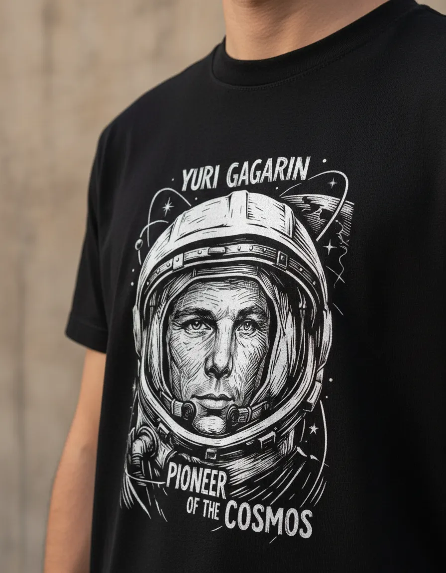 Camiseta Yuri Gagarin Cosmos Espaço Algodão Premium Unissex | Silk & Luck 3 Foco no peito de modelo vestindo camiseta modelagem unissex preta, revelando os detalhes da impressão de Yuri Gagarin.