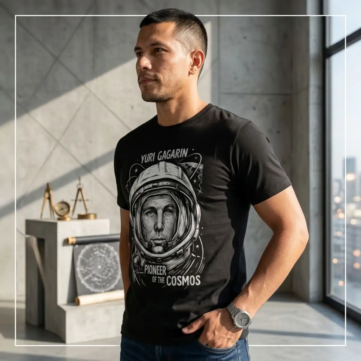 Camiseta Yuri Gagarin Cosmos Espaço Algodão Premium Unissex | Silk & Luck 4 Modelo vestindo camiseta preta modelagem unissex da Silk & Luck com estampa do cosmonauta Yuri Gagarin em ambiente bem iluminado.