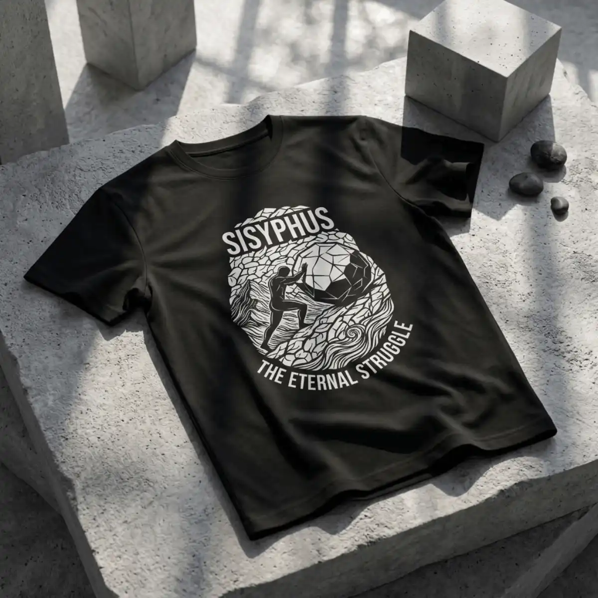 Camiseta Sísifo – Filosofia | Silk & Luck 5 Camiseta preta com estampa Sisyphus The Eternal Struggle dobrada em estilo flat lay sobre blocos texturizados de concreto.