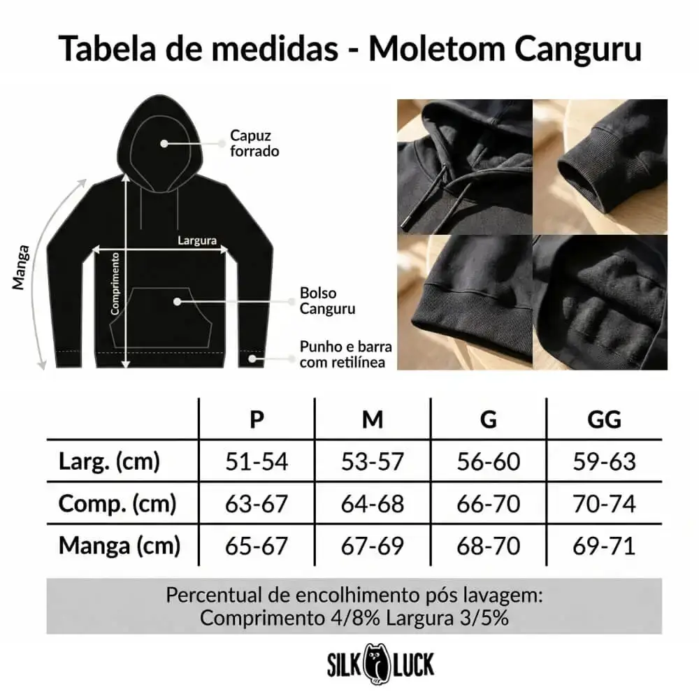 Moletom Unissex Filosofia Antiga e História Modelo Canguru Silk & Luck | Silk & Luck 4 Tabela de medidas e proporções do moletom unissex canguru Silk & Luck. Infográfico técnico detalhando dimensões de largura, comprimento e manga do tamanho P ao GG, com especificações estruturais de capuz forrado, bolso frontal canguru e acabamentos em retilínea.