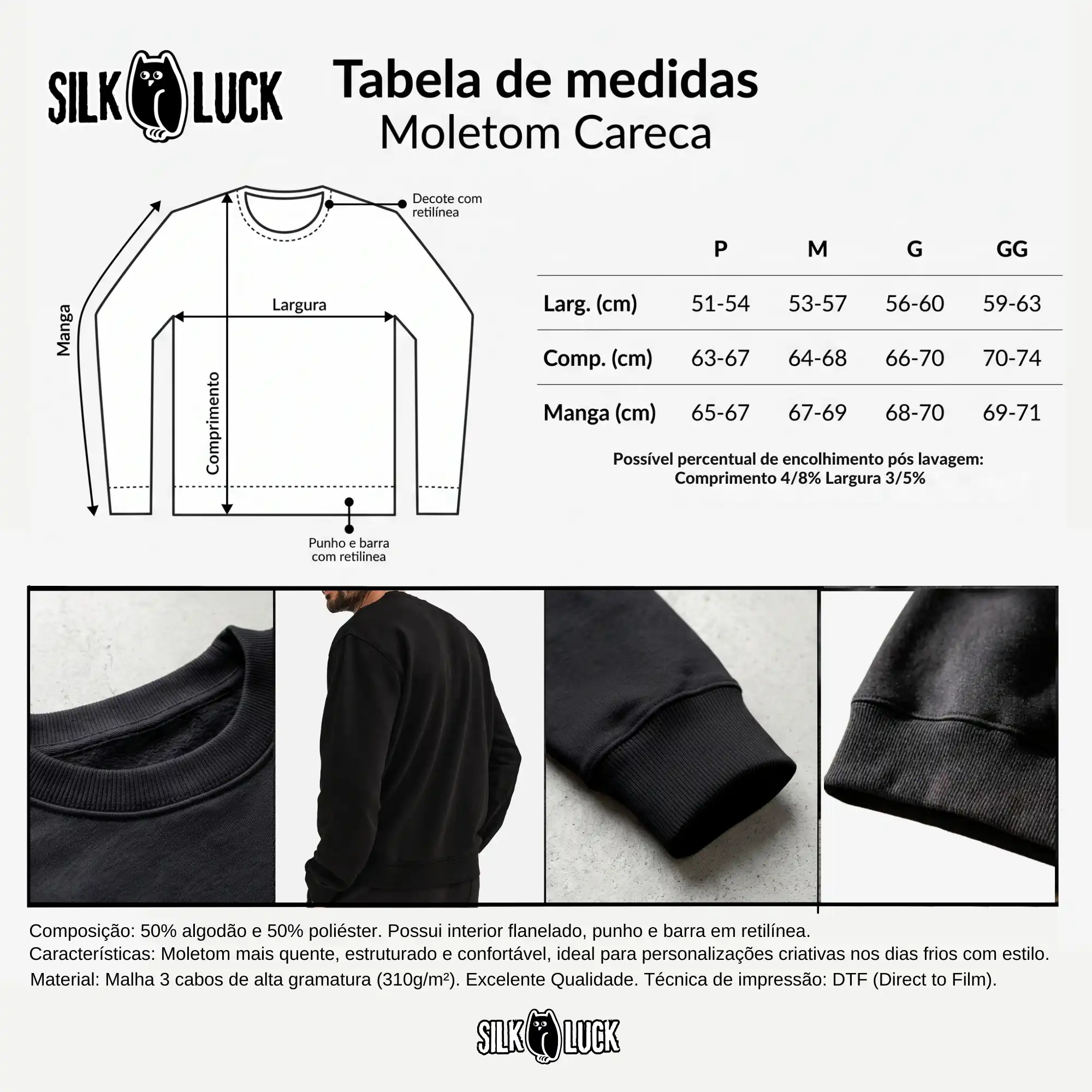 Moletom Van Gogh Busco Luto Coração Arte Silk & Luck | Silk & Luck 4 Tabela de medidas e proporções do moletom unissex careca Silk & Luck. Infográfico técnico com diagrama de dimensões de largura, comprimento e manga para os tamanhos P ao GG, incluindo fotografias de close-up do tecido de malha 3 cabos e acabamentos de punho em retilínea.
